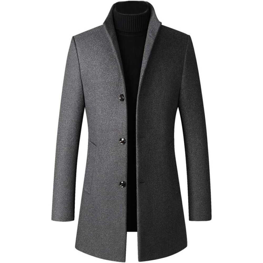 🆕Men's Gray Wool Blend Slim Fit Top Coat Single Breasted Business  Trench Coat